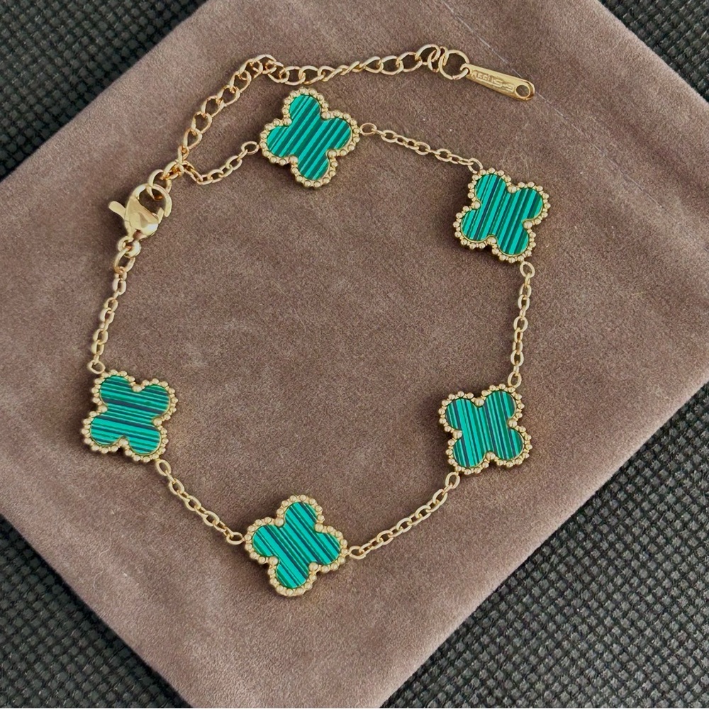 18k Yellow Gold Plated Clover Green Malachite Bracelet Size 7.5